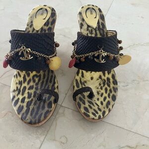 Just Cavalli Leopard Print Sandals with Chain Accents
